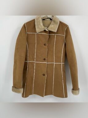 Andrew Marc New York faux suede shearling winter coat jacket fur tan women M